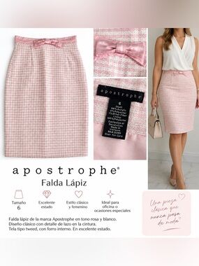 Apostrophe Falda Lápiz Pink & White Checkered Skirt Size 6 Like New